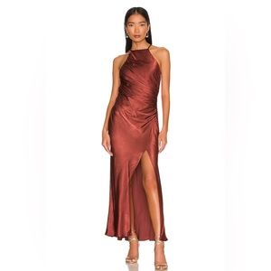 Shona Joy Thalia Gathered Square Neck Bias Midi Dress in Sangria